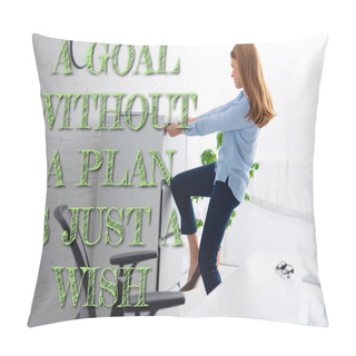 Personality  Side View Of Businesswoman Trying To Opening Cabinet Driver Near Table In Office, A Goal Without A Plan Is Just A Wish Illustration Pillow Covers