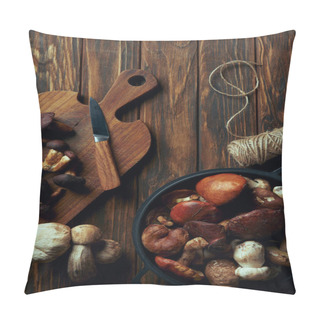 Personality  Top View Of Fresh Raw Mushrooms, Chopping Board, Knife, Pan And Rope On Wooden Table Pillow Covers