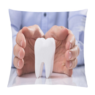 Personality  Man's Hand Protecting Healthy Hygienic White Tooth On Reflective Table Pillow Covers