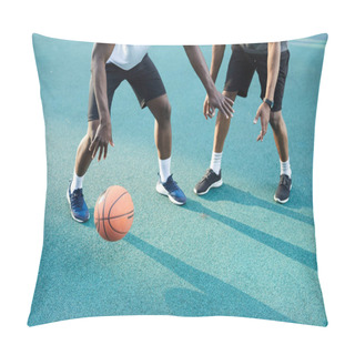 Personality  Low Angle Action Shot Of Two African-American Guys Playing Basketball Outdoors, Copy Space Pillow Covers