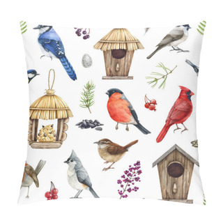 Personality  Garden Village Birds With Natural Elements Seamless Pattern. Watercolor Wren, Jay, Robin Illustration. Hand Drawn Small Forest Wild Birds, Natural Elements, Birdhouse, Feeder On White Background. Pillow Covers