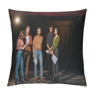 Personality  Young Multiethnic Actors And Actresses Rehearsing With Mature Theater Director On Stage Pillow Covers