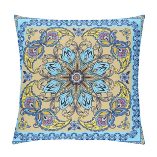 Personality  Decorative Abstract Colorful Background, Geometric Floral Doodle Pattern With Ornate Lace Frame. Tribal Ethnic Ornament. Bandanna Shawl Fabric Print, Silk Neck Scarf Or Kerchief Design. Pillow Covers