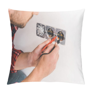 Personality  Cropped View Of Man Holding Cables Near Power Socket At Home Pillow Covers