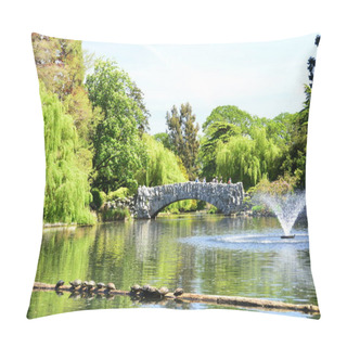 Personality  The Iconic Landscape And Scenery Of Beacon Hill Park In Victoria BC,Canada.The Old Stone Bridge And A Log Full Of Turtles Awaits All Visitors. Pillow Covers