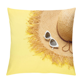 Personality  Straw Hat And Stylish Suglasses On Yellow Background Pillow Covers