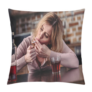 Personality  Portrait Of Woman Smoking Cigarette While Sitting At Table With Glass Of Alcohol At Home Pillow Covers