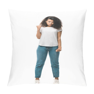 Personality  Angry Curly African American Girl In White T-shirt Showing Fist Isolated On White  Pillow Covers