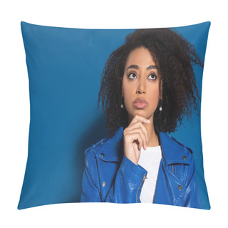 Personality  Pensive African American Woman Looking Away On Blue Background Pillow Covers