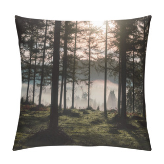 Personality  Magnificent Trees Through A Beautiful Fog In The Fields Of The Valley. The Treetops Protrude From The Fog. Travel In The Fog. Travel Concept Spain. Euskadi Natural Park Of Gorbea. Pillow Covers