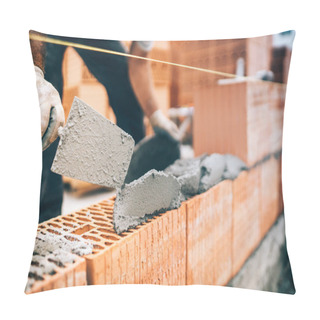 Personality  Close Up Of Construction Worker Details, Protective Gear And Trowel With Mortar Building Brick Walls Pillow Covers