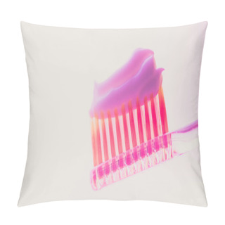 Personality  Pink Plastic Toothbrush With A Thick Layer Of White Toothpaste On An Isolated Background. Side View Pillow Covers