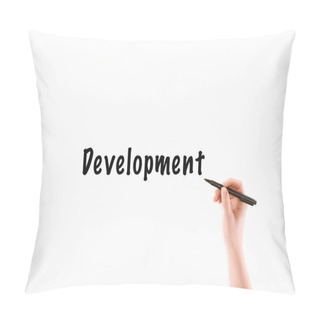 Personality  Cropped Image Of Woman Writing Development Inscription Isolated On White Pillow Covers