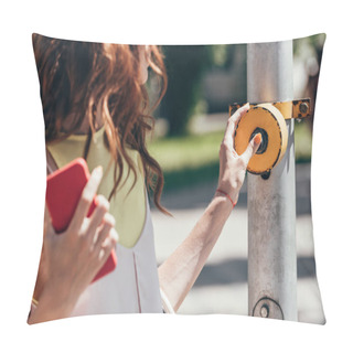Personality  Cropped Shot Of Woman Pressing Button On Pedestrian Crossing Pillow Covers