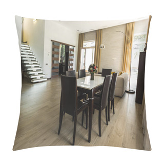 Personality  Interior View Of Modern Dining Room With Table, Chairs And Stairs Pillow Covers