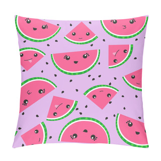 Personality  Seamless Repeating Vector Pattern Of Kawaii Watermelons And Seeds On A Lavender Color Background. Pillow Covers