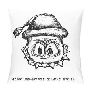 Personality  Vector Monster Face Character In Santa Red Hat. Pillow Covers