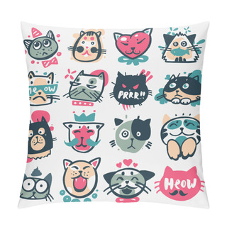 Personality  Cartoon Cat Heads Vector Illustration Cute Animal Funny Characters Face Domestic Pet Pillow Covers