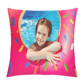 Personality  Adorable Little Child With Inflatable Ring In Shape Of Donut In Swimming Pool Pillow Covers