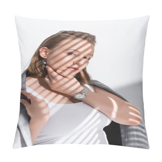 Personality  Pensive, Confident Plus Size Girl In White Top And Grey Blazer Looking At Camera On White In Sunlight With Shadows Pillow Covers