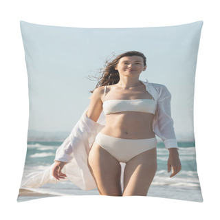 Personality  Cheerful Young Woman In White Shirt And Swimwear Walking On Sea Shore  Pillow Covers