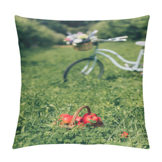 Personality  Selective Focus Of Wicker Basket With Ripe Apples And Retro Bicycle Parked Behind At Countryside Pillow Covers