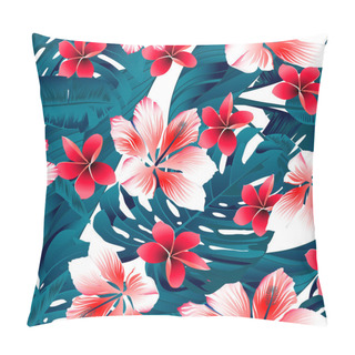 Personality  Red And White Tropical Hibiscus Flowers Seamless Pattern Pillow Covers