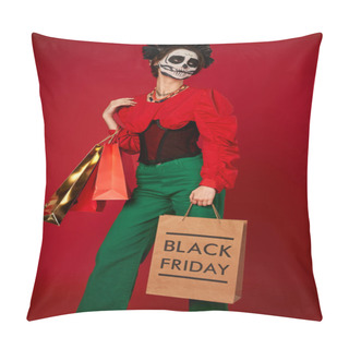 Personality  Trendy Woman In Dia De Los Muertos Makeup Posing With Shopping Bags On Red, Black Friday Sale Pillow Covers