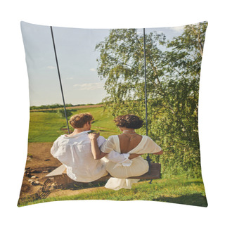Personality  Rustic Wedding, Back View Of Redhead Groom With Young Bride Swinging In Picturesque Countryside Pillow Covers