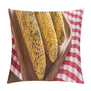 Personality  Grilled Corn Served On Red Checkered Napkin At Wooden Table For Thanksgiving Dinner, Panoramic Shot Pillow Covers