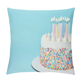 Personality  Delicious Birthday Cake With Lighting Candles On Blue Background Pillow Covers