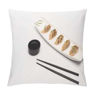 Personality  Delicious Gyoza On Plate Near Chopsticks And Soy Sauce On White Background Pillow Covers