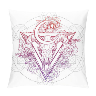 Personality  Beautiful Hand Drawn Tribal Style Bull Skull On Sacred Triangle With Peony Flowers; Trendy Vintage Style Vector Illustration. Sacred Geometry. Dark Romance, Philosophy, Spirituality, Occultism, Alchem Pillow Covers