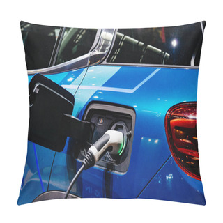 Personality  PARIS, FRANCE - OCT 4, 2018: Charging Batteries Of The New Blue Electric Plug In Citroen SUV C5 Aircross Hybrid At International Car Exhibition Mondial Paris Motor Show Pillow Covers