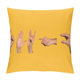 Personality  Collage Of Man Showing Word Virus With Cyrillic Sign Language Isolated On Yellow  Pillow Covers