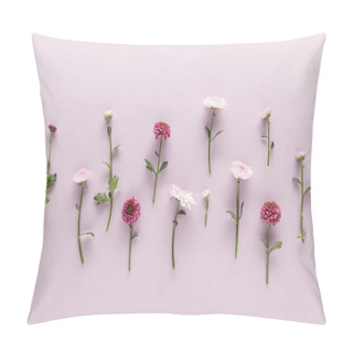 Personality  Flat Lay With Blooming Spring Chrysanthemums On Violet Background Pillow Covers