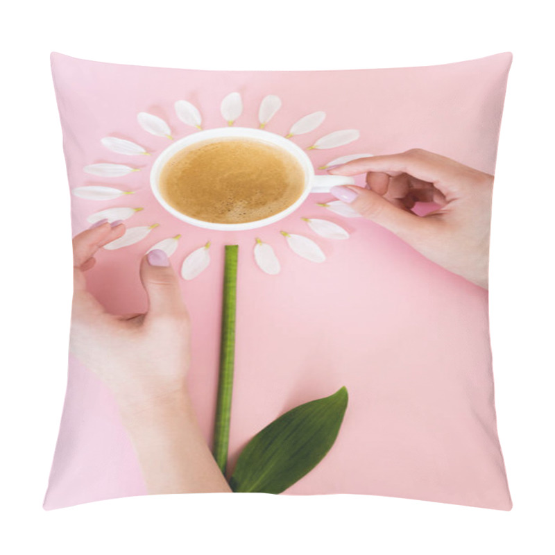 Personality  top view of woman touching cup of coffee near white petals on pink, mothers day concept  pillow covers