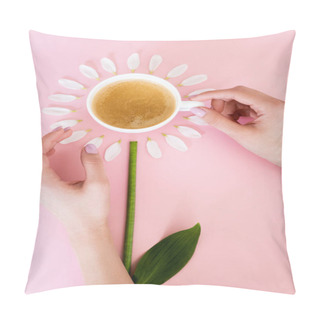 Personality  Top View Of Woman Touching Cup Of Coffee Near White Petals On Pink, Mothers Day Concept  Pillow Covers