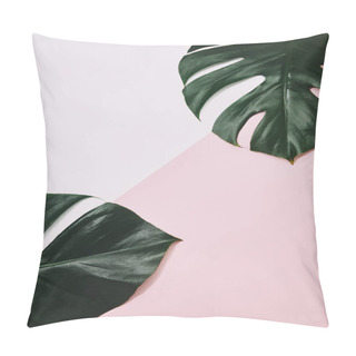 Personality  Top View Of Green Monstera Leaves On Pink Surface Pillow Covers