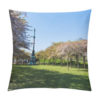 Personality  Monument Between Beautiful Blooming Trees In Park, Copenhagen, Denmark Pillow Covers