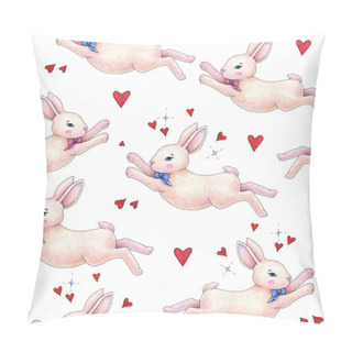 Personality  Lovely Pink Animation Rabbit Bunny Hare With A Bow In Love Is Isolated On A White Background. Children Fantastic Drawing. Handwork Drawing Markers. Seamless Pattern For Design. Pillow Covers
