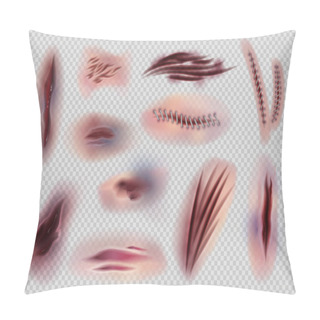 Personality  Realistic Wounds And Stitches. Cut Skin And Body Marks And Scratches Isolated, Bruises And Injuries. Vector Body Scars And Skin Wound Pillow Covers