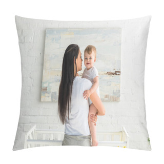 Personality  Rear View Of Mother Holding Cute Smiling Baby In Hands At Home Pillow Covers