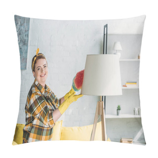 Personality  Beautiful Woman Dusting Lamp With Dust Brush At Home Pillow Covers