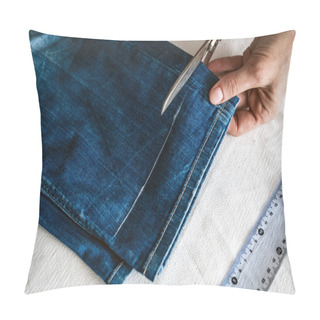 Personality  Tailor Cutting Jeans With Scissors At Workshop Pillow Covers