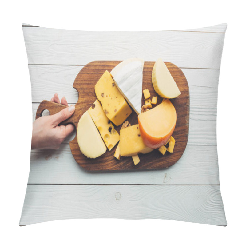 Personality  hand and assorted cheese on wooden board pillow covers