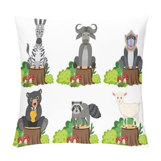 Personality  Vector Cartoon Illustration Of Animals Sitting On A Tree Stump Surrounded By A Bush Pillow Covers
