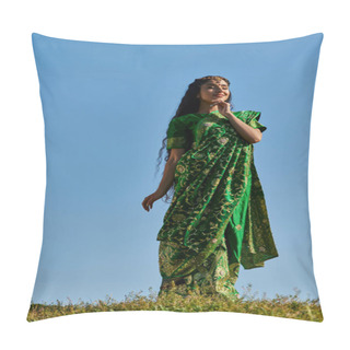Personality  Young Indian Woman In Elegant Traditional Sari In Green Field Under Blue Sky, Summer Happiness Pillow Covers
