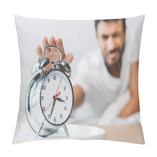Personality  Selective Focus Of Bi-racial Man Holding Alarm Clock In Morning  Pillow Covers