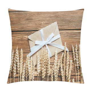 Personality  Top View Of Envelope With Bow Near Wheat Ears On Wooden Background Pillow Covers